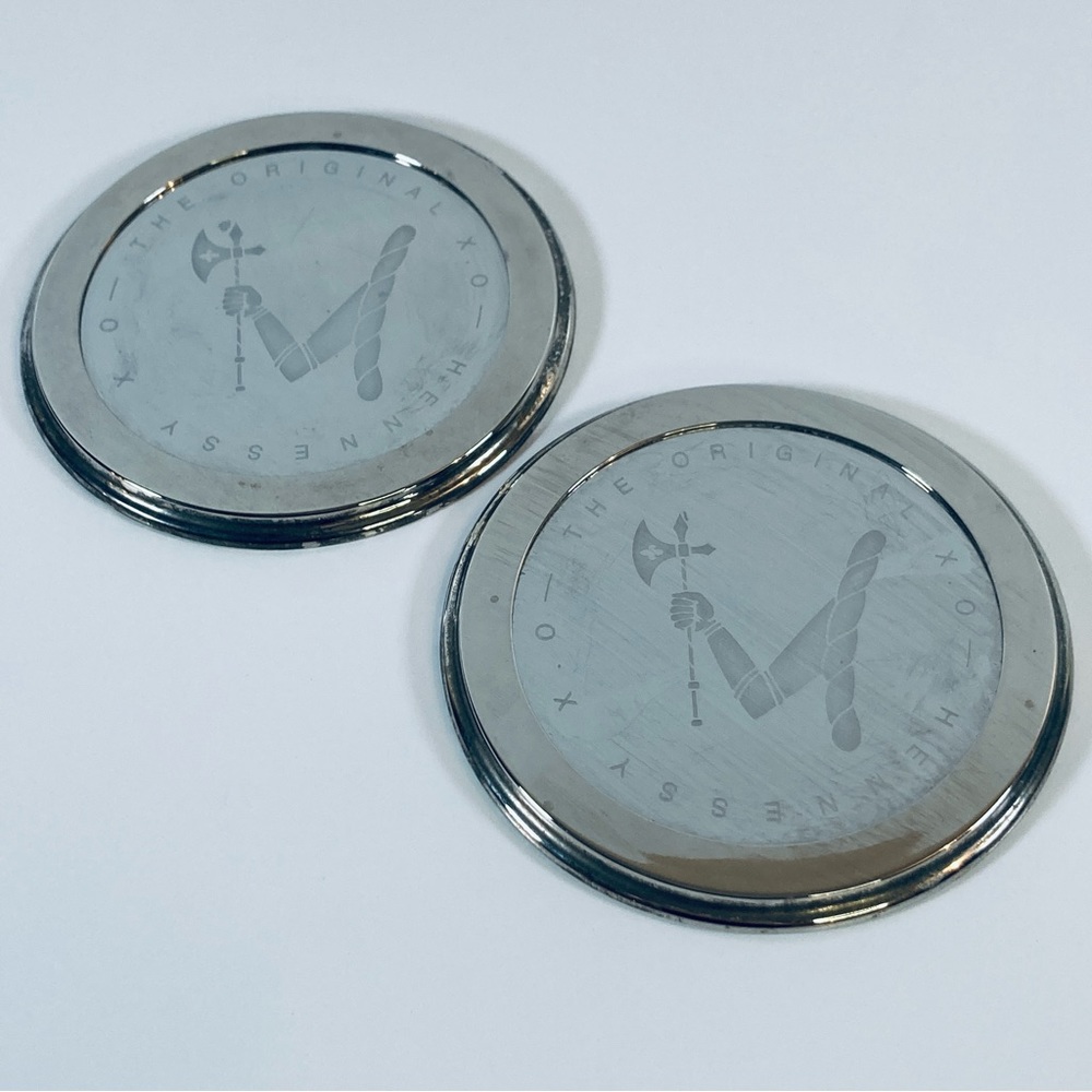 Vintage Set of 2 Hennessy XO Collectible Coasters Silver Tone Metal Felt Bottom